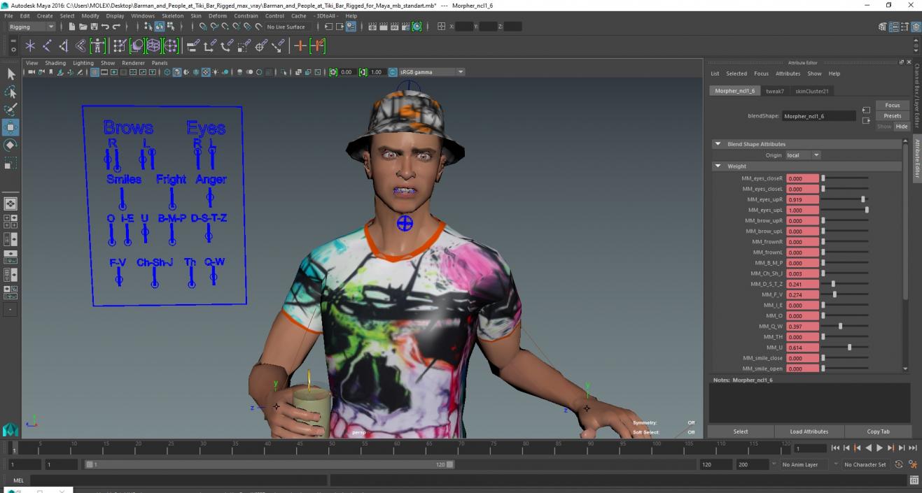 3D model Barman and People at Tiki Bar Rigged for Maya