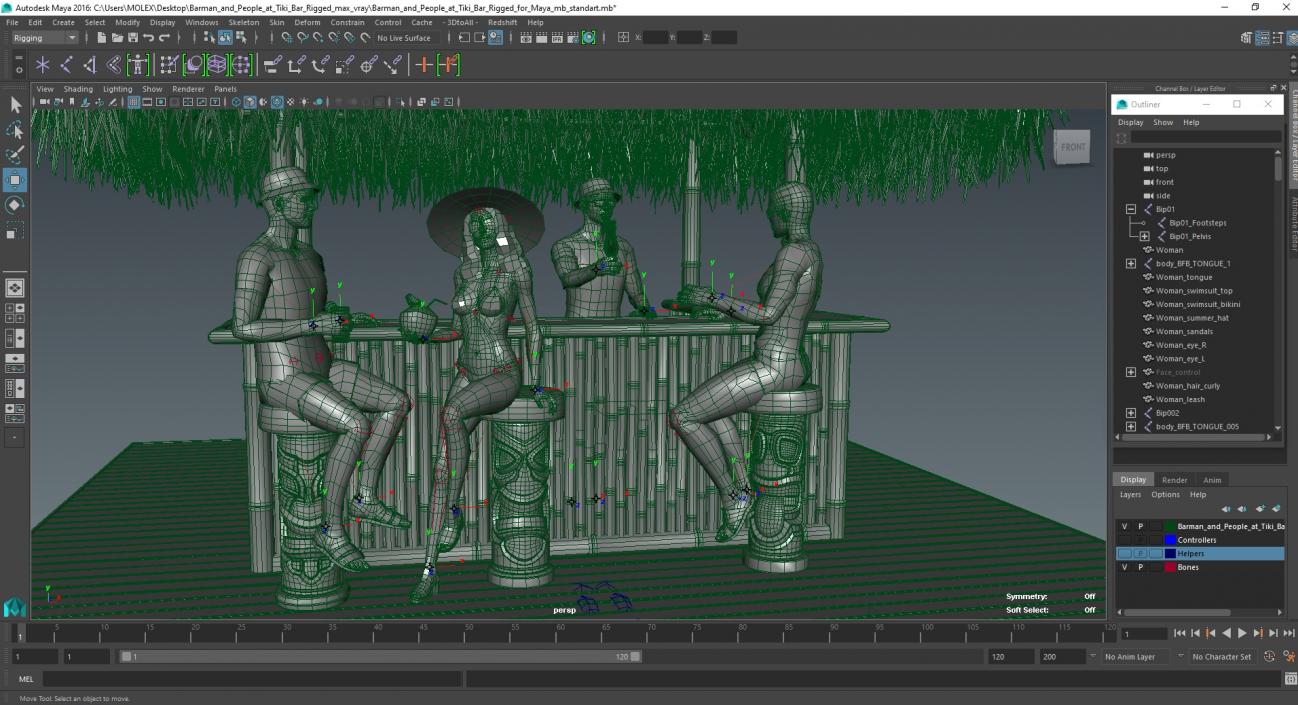 3D model Barman and People at Tiki Bar Rigged for Maya