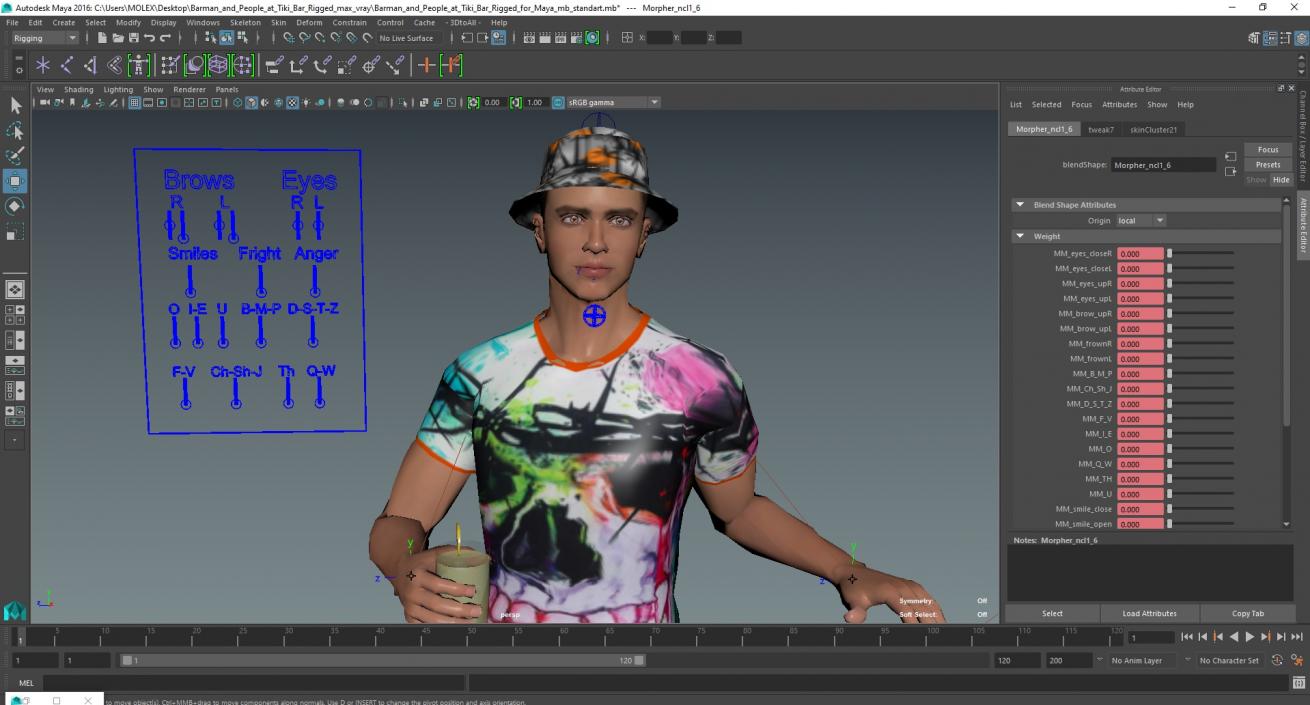 3D model Barman and People at Tiki Bar Rigged for Maya