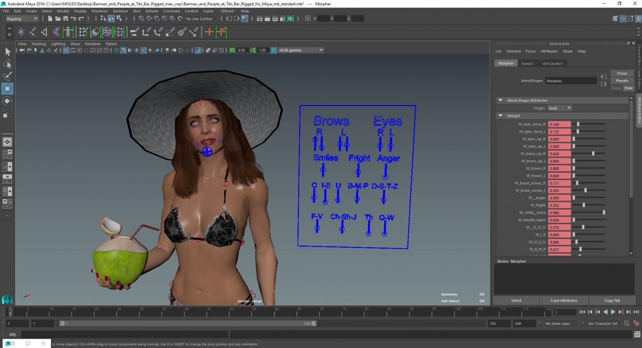 3D model Barman and People at Tiki Bar Rigged for Maya