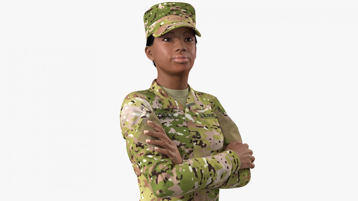 3D African American Female Soldier Camo Uniform Fur model