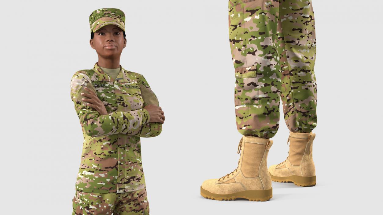 3D African American Female Soldier Camo Uniform Fur model