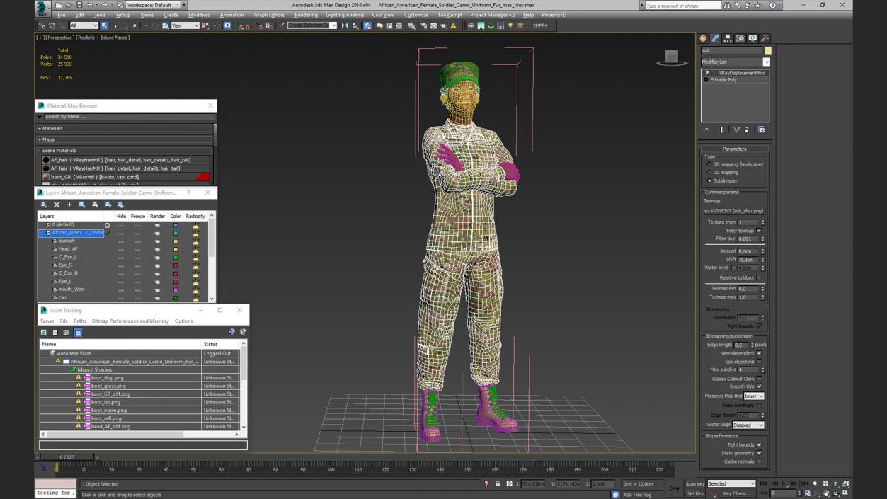 3D African American Female Soldier Camo Uniform Fur model