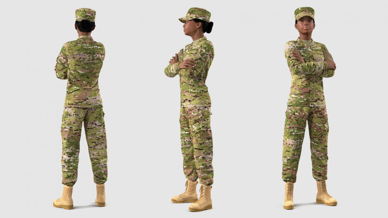 3D African American Female Soldier Camo Uniform Fur model