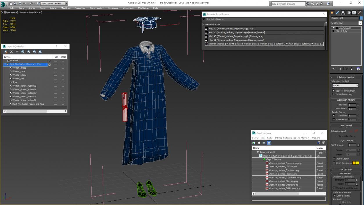 Black Graduation Gown and Cap 3D model