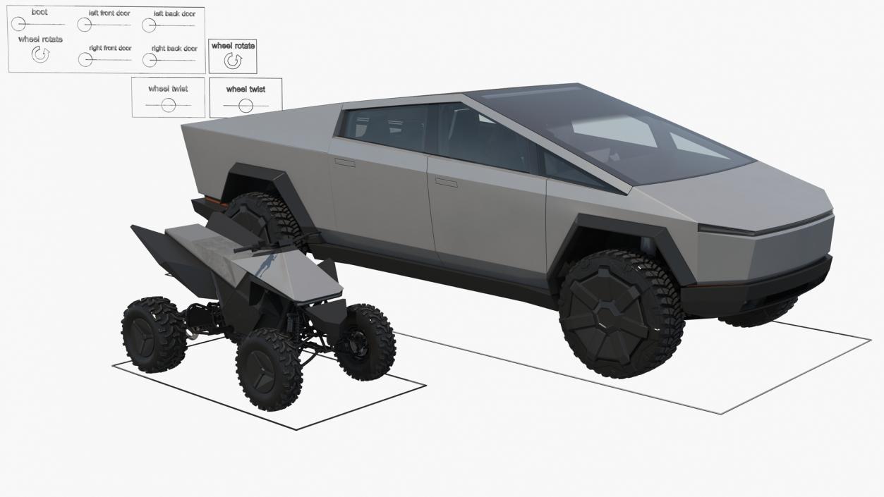 Tesla Cybertruck with Cyberquad ATV Rigged 3D