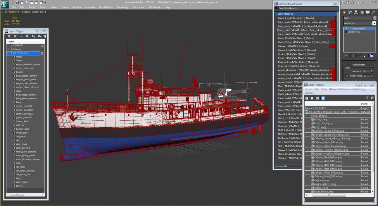 3D Old Scientific Research Vessel with Helicopter