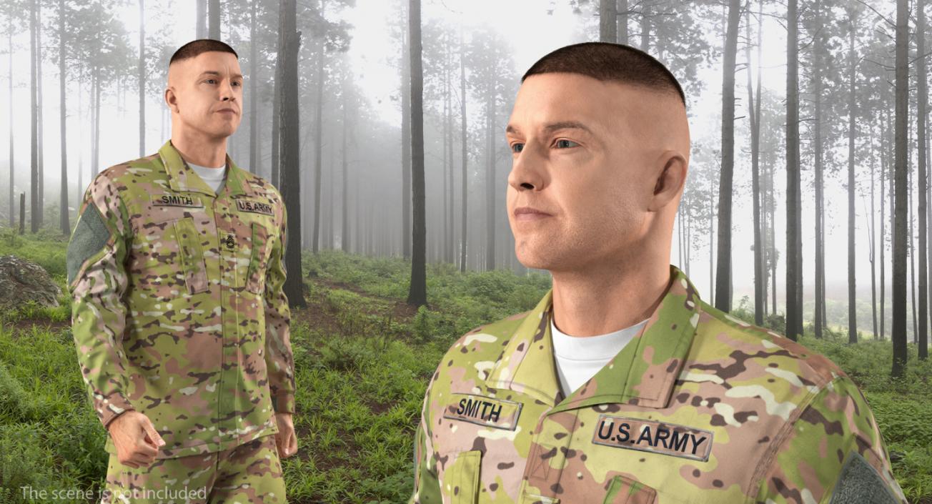 3D US Soldier Camouflage Uniform Walking Pose Fur