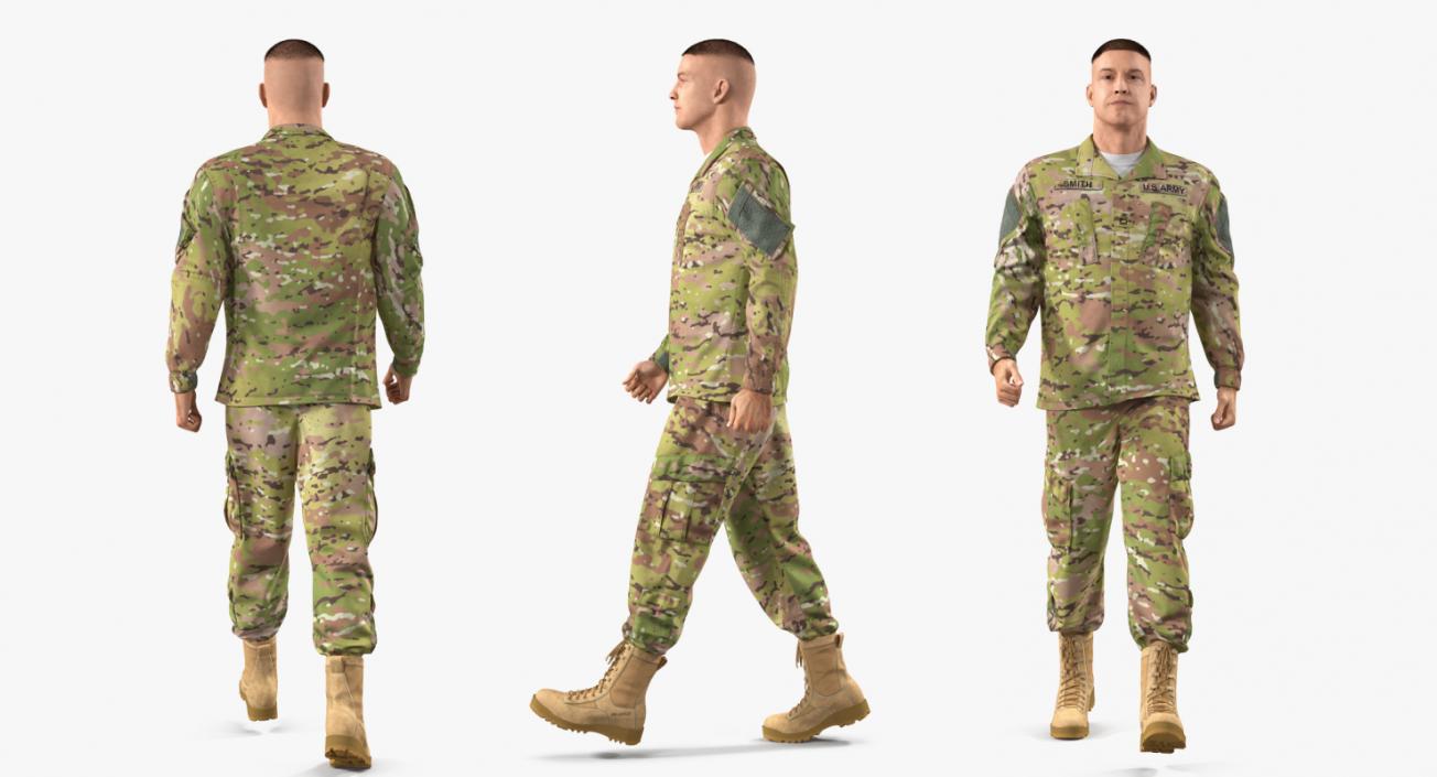 3D US Soldier Camouflage Uniform Walking Pose Fur