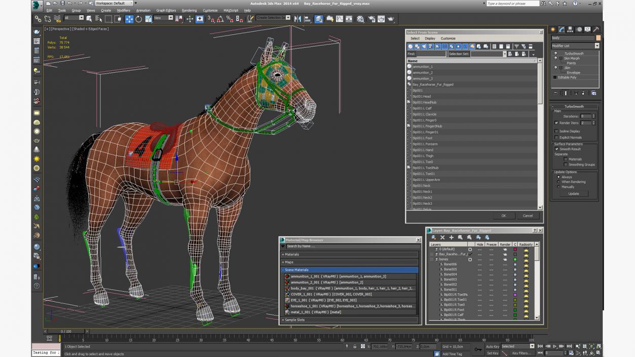 Bay Racehorse Fur Rigged 3D model