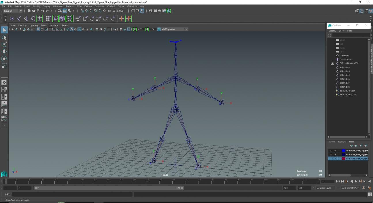 3D Stick Figure Blue Rigged for Maya model