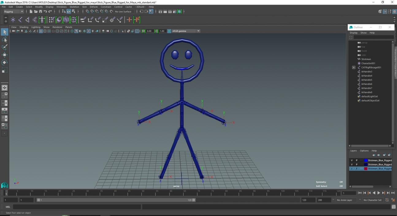 3D Stick Figure Blue Rigged for Maya model