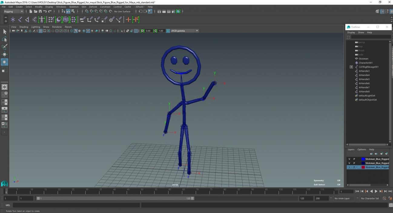 3D Stick Figure Blue Rigged for Maya model