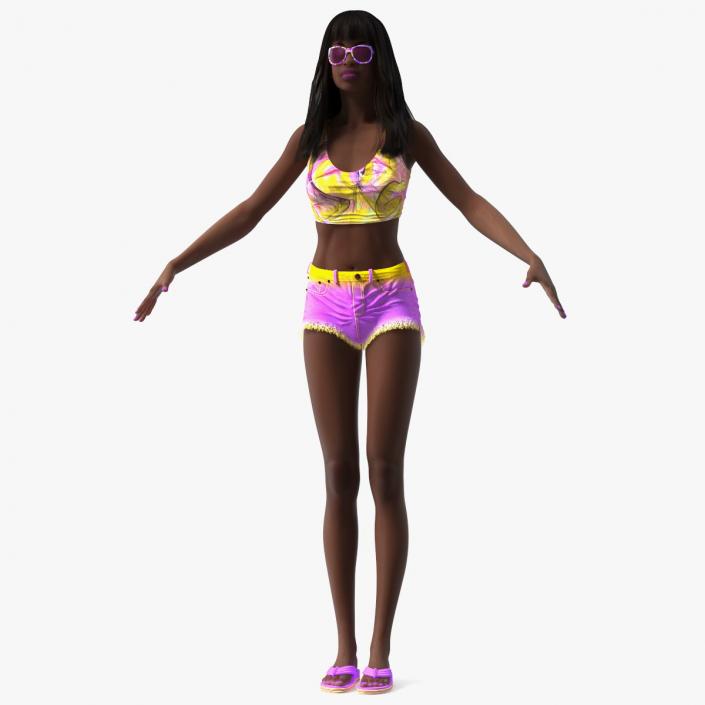 3D Beach Style Young Black Woman T Pose