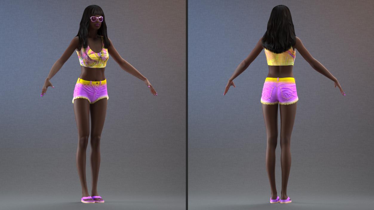 3D Beach Style Young Black Woman T Pose