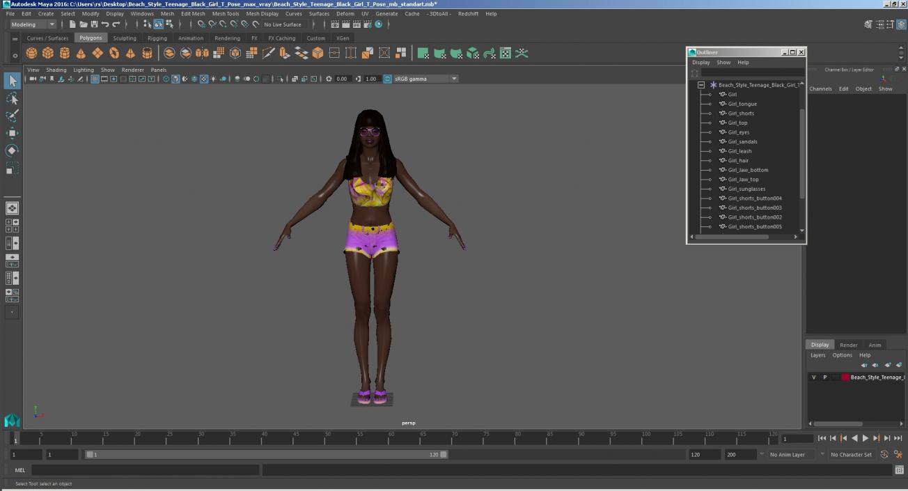 3D Beach Style Young Black Woman T Pose