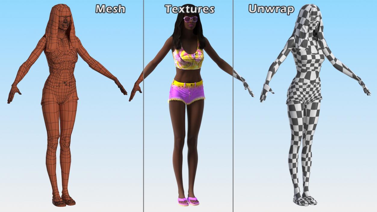 3D Beach Style Young Black Woman T Pose