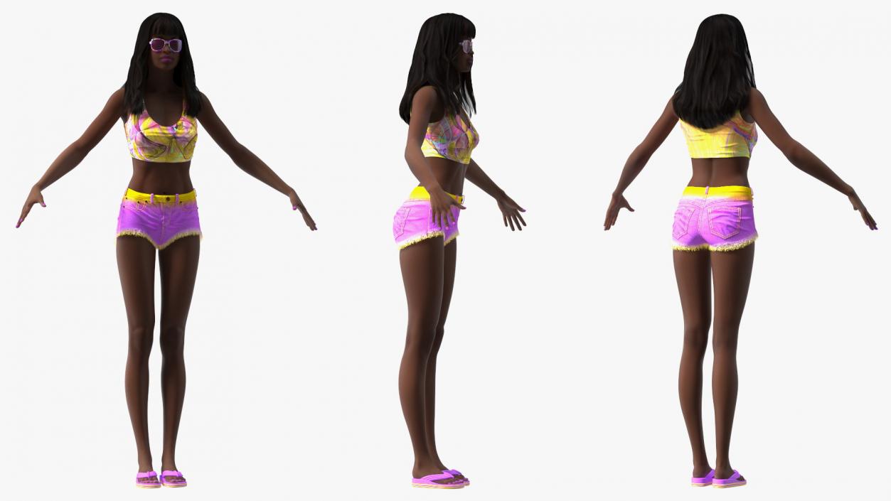 3D Beach Style Young Black Woman T Pose