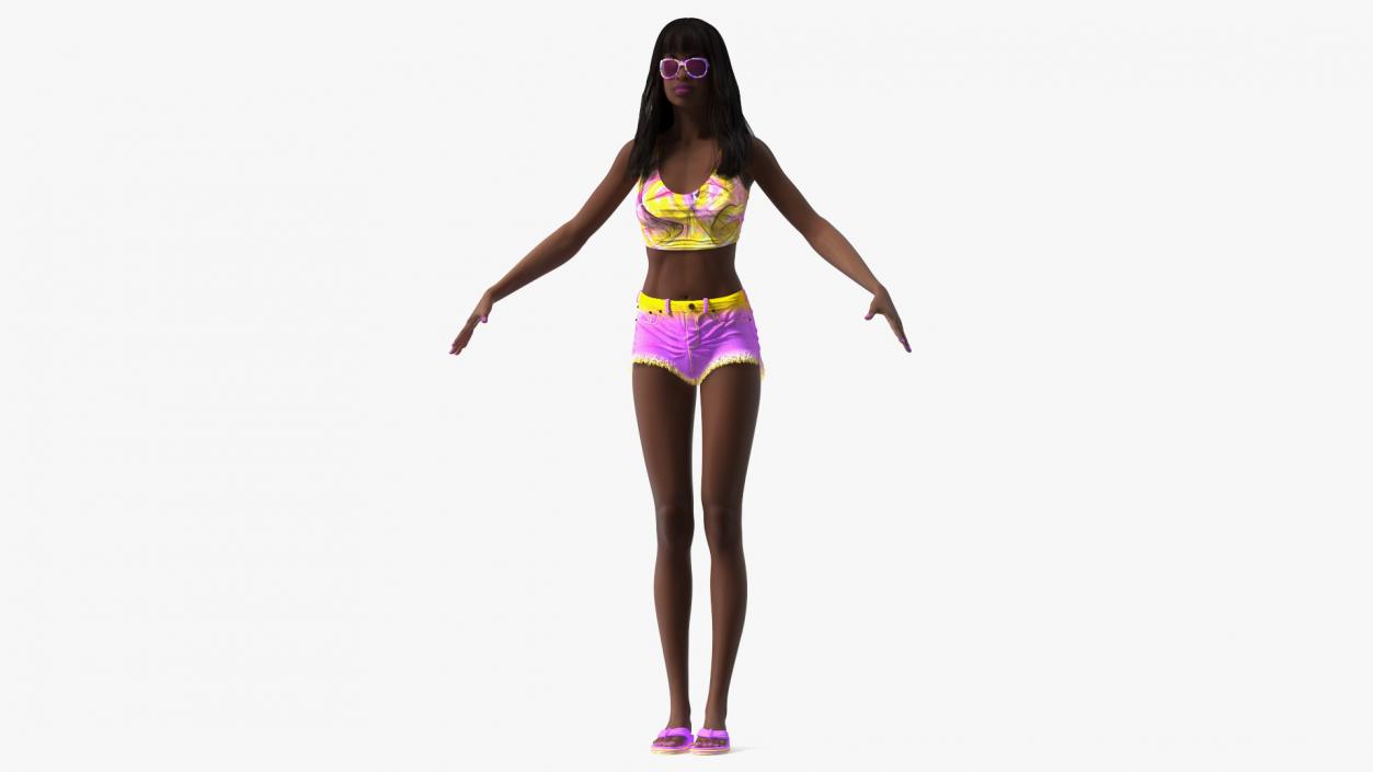 3D Beach Style Young Black Woman T Pose