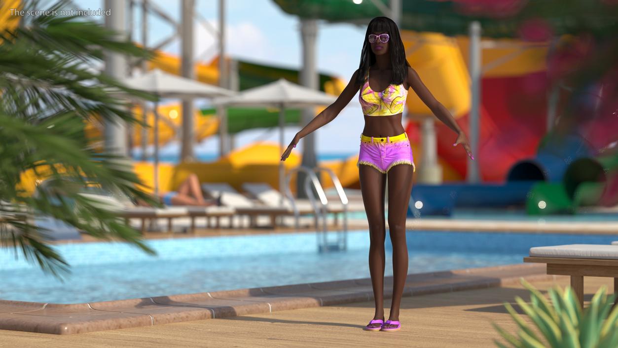 3D Beach Style Young Black Woman T Pose