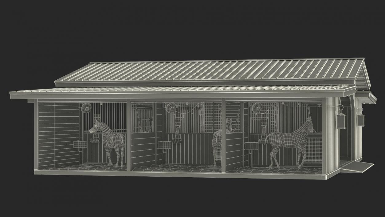 Stable with Horses Fur 3D