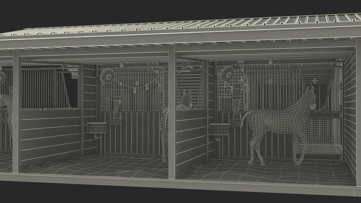 Stable with Horses Fur 3D