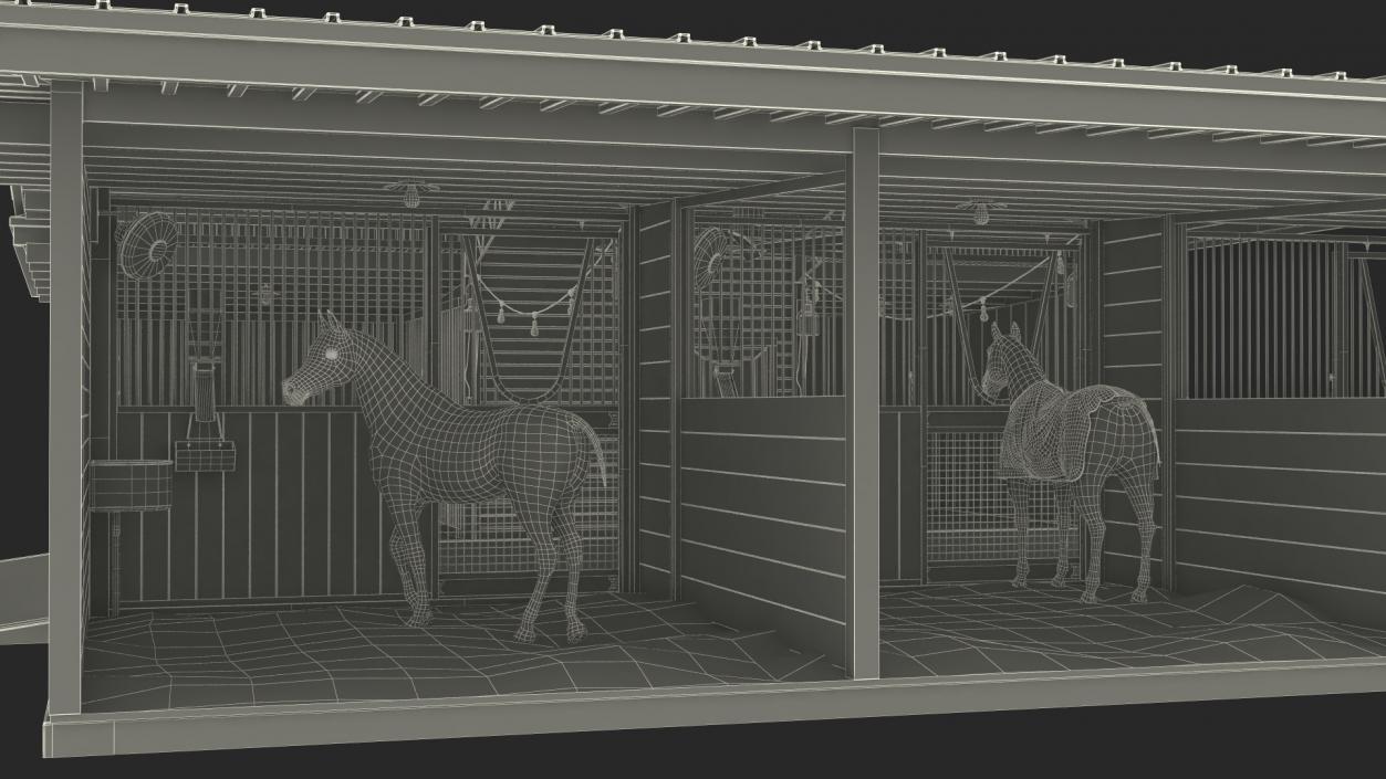 Stable with Horses Fur 3D