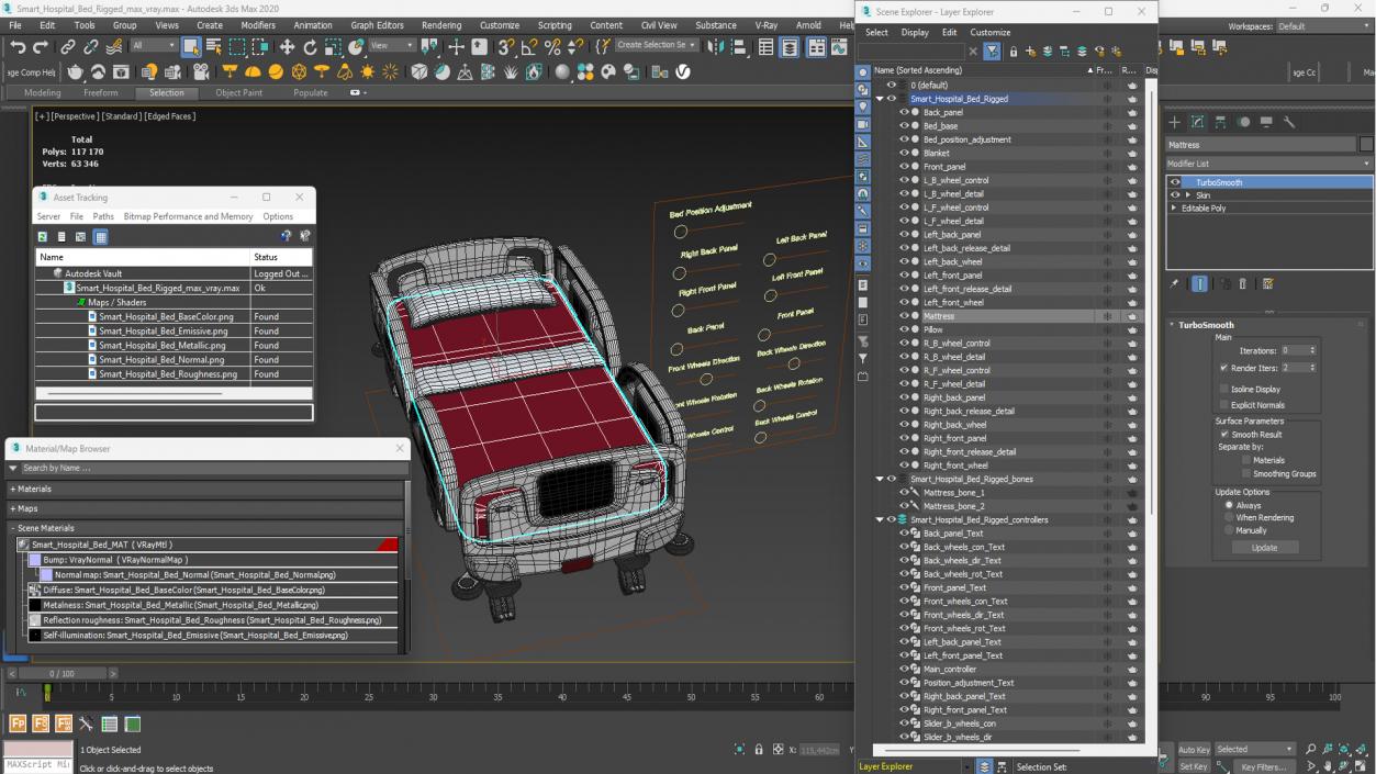 Smart Hospital Bed Rigged for Cinema 4D 3D model