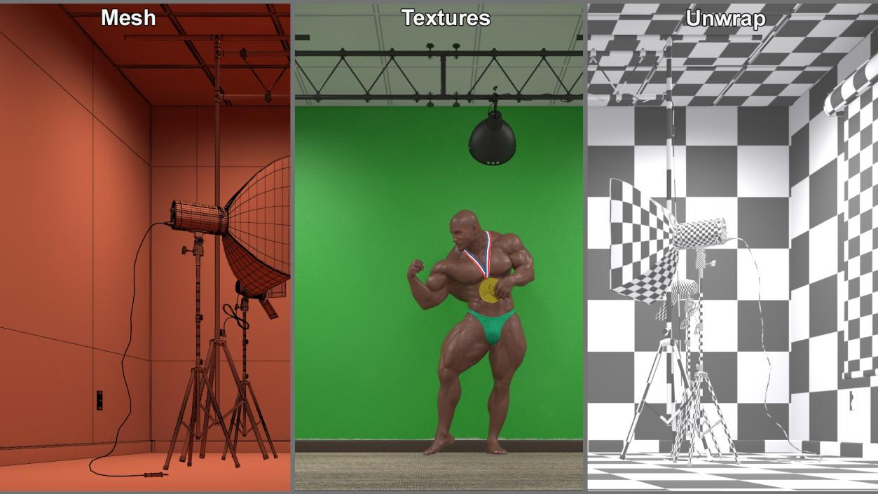 3D Bodybuilder Champion Posing in Studio Setup model