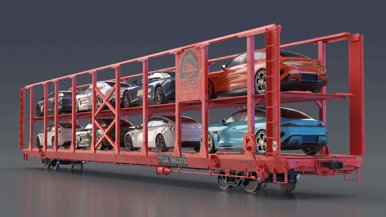 Autorack Train Car with Electric Cars 3D