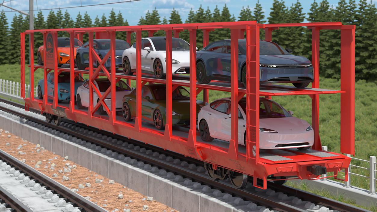 Autorack Train Car with Electric Cars 3D