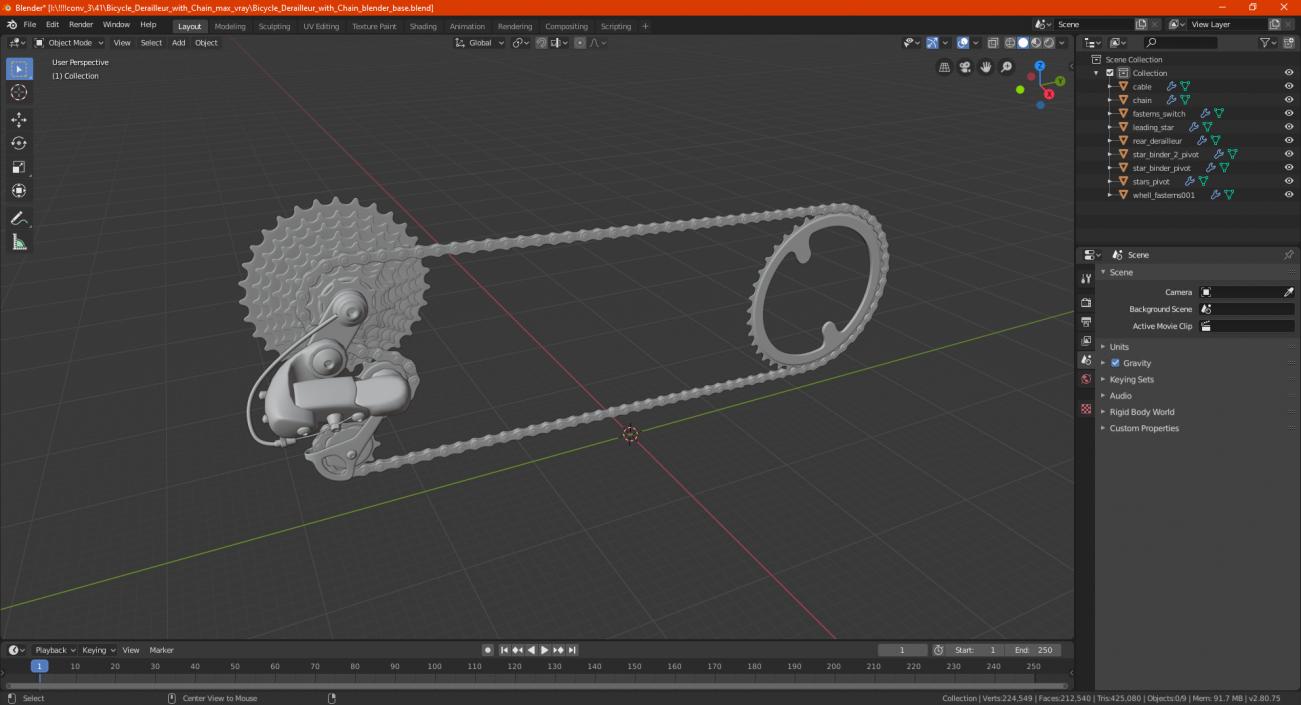 Bicycle Derailleur with Chain 3D model