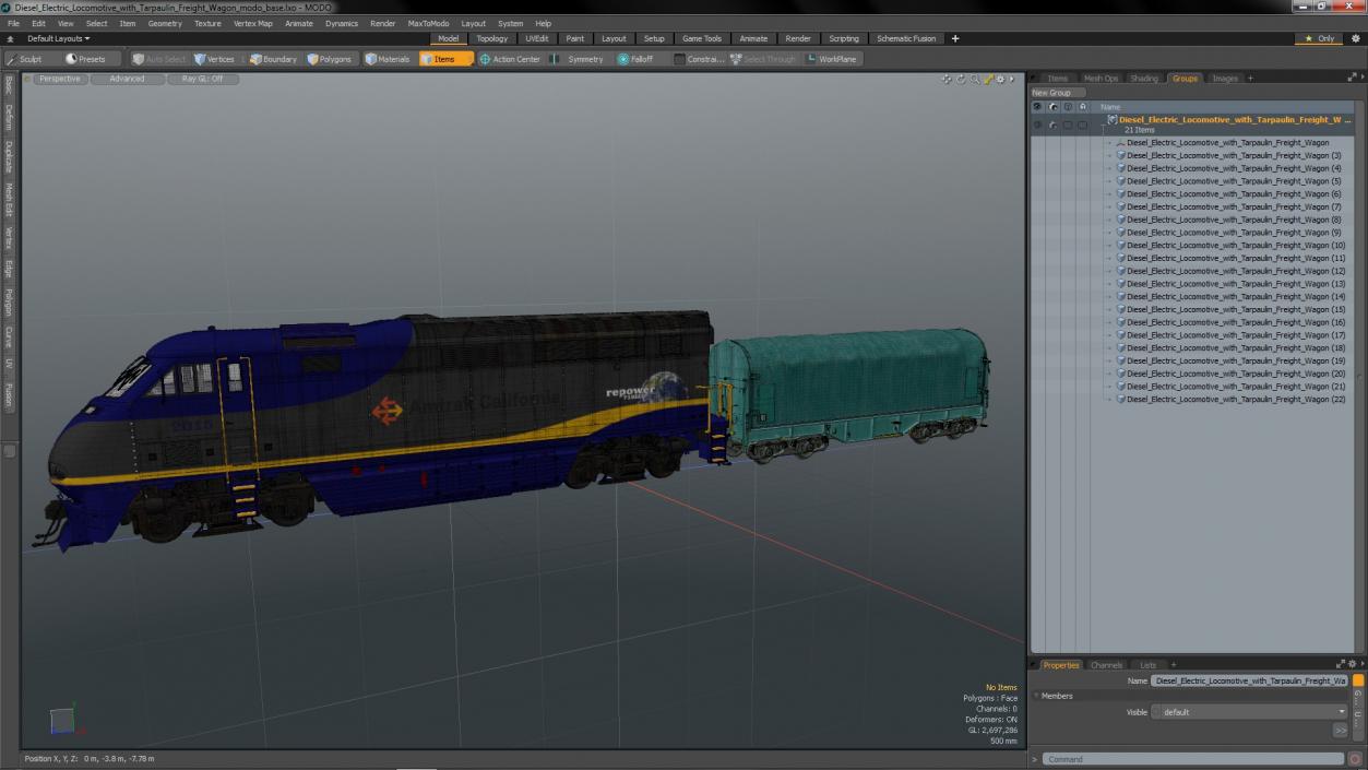 3D model Diesel Electric Locomotive with Tarpaulin Freight Wagon