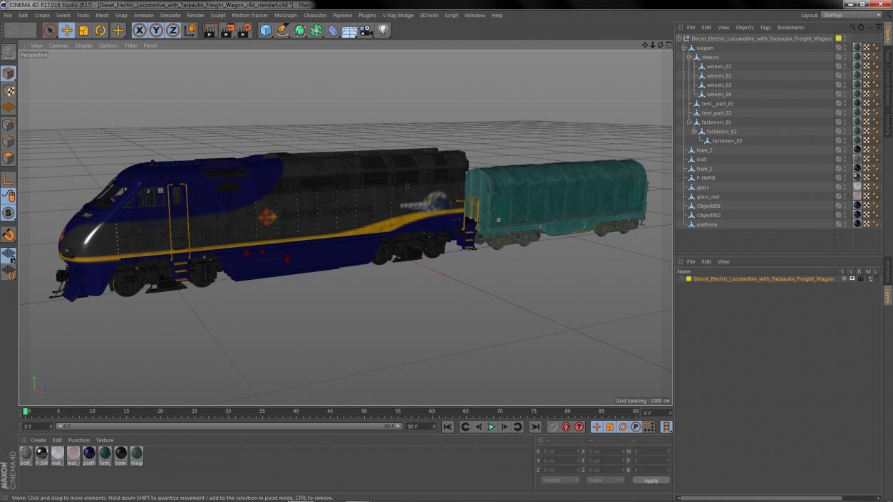 3D model Diesel Electric Locomotive with Tarpaulin Freight Wagon