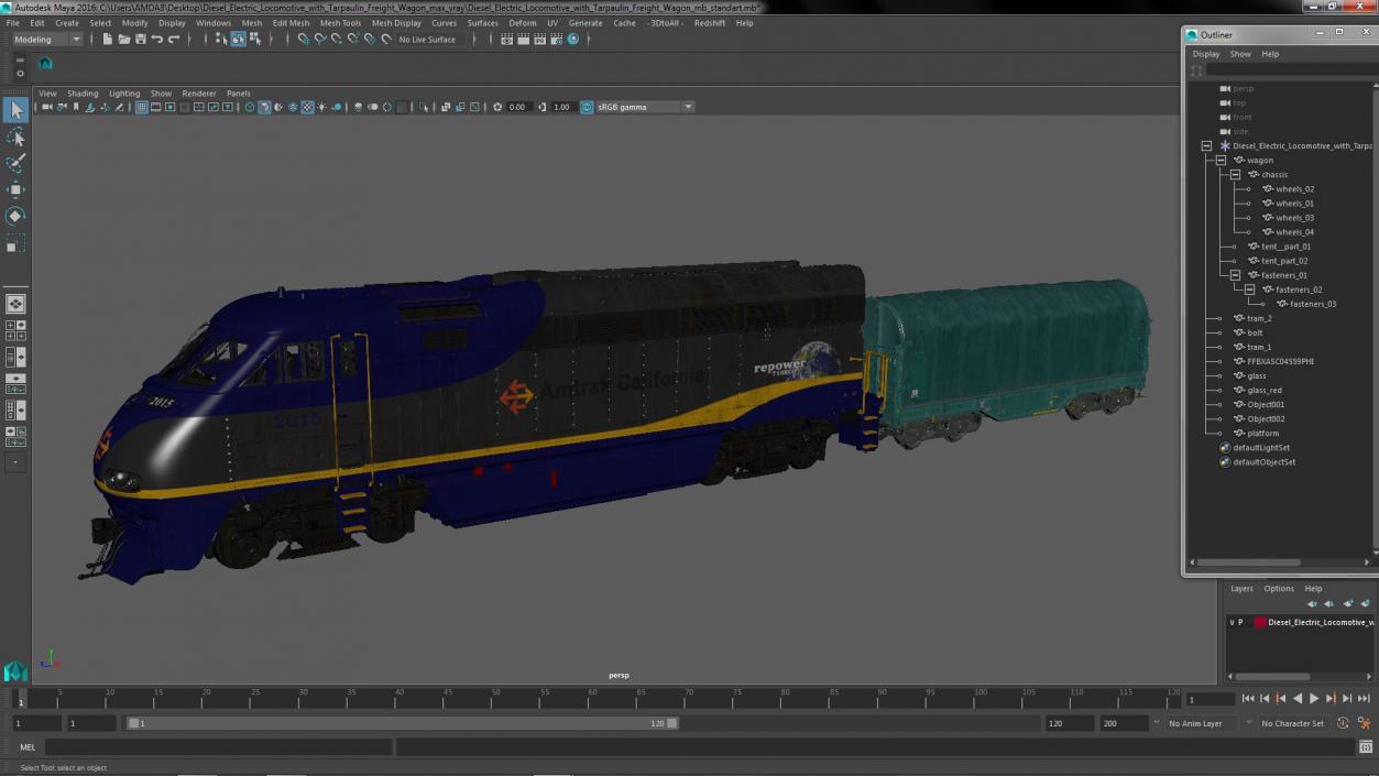 3D model Diesel Electric Locomotive with Tarpaulin Freight Wagon