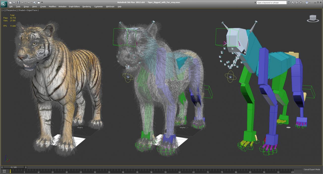 3D Tiger Rigged with Fur