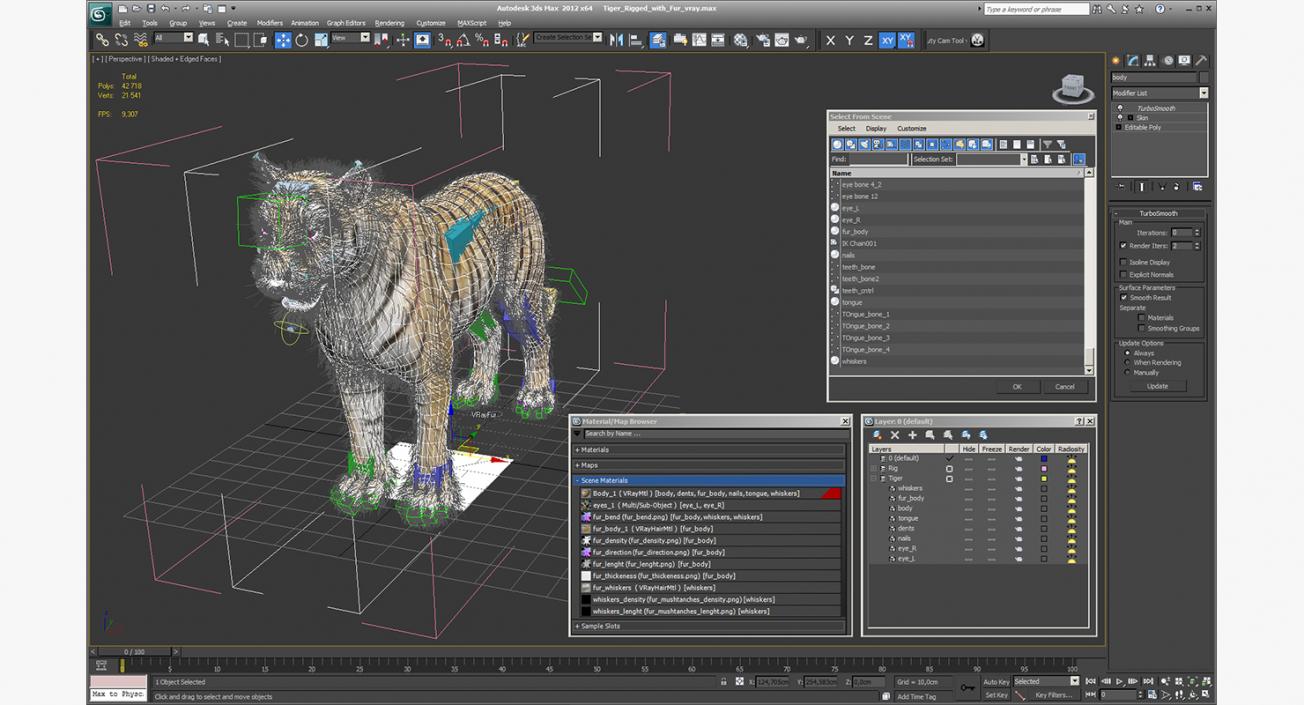 3D Tiger Rigged with Fur