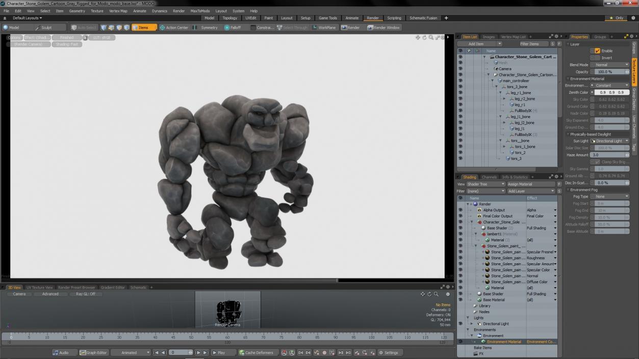 3D model Character Stone Golem Cartoon Gray Rigged for Modo