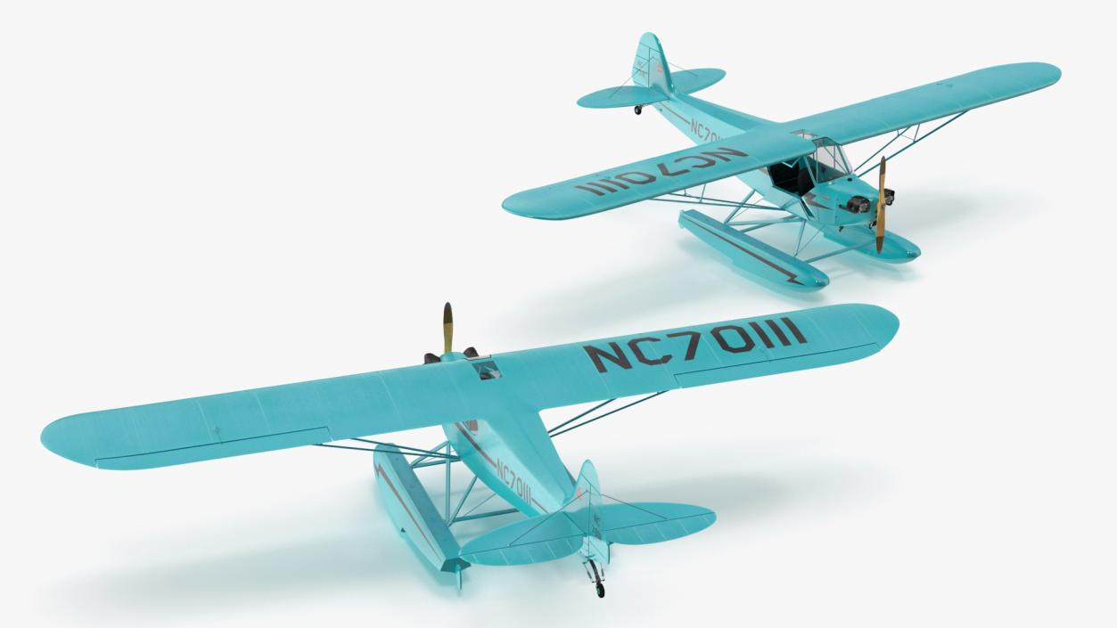 3D Seaplane Aircraft Piper J-3 with Floats Rigged