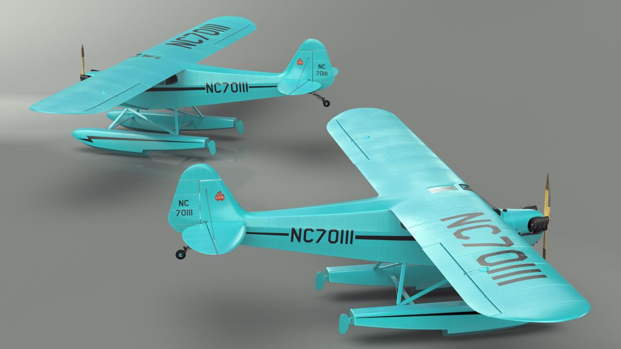 3D Seaplane Aircraft Piper J-3 with Floats Rigged