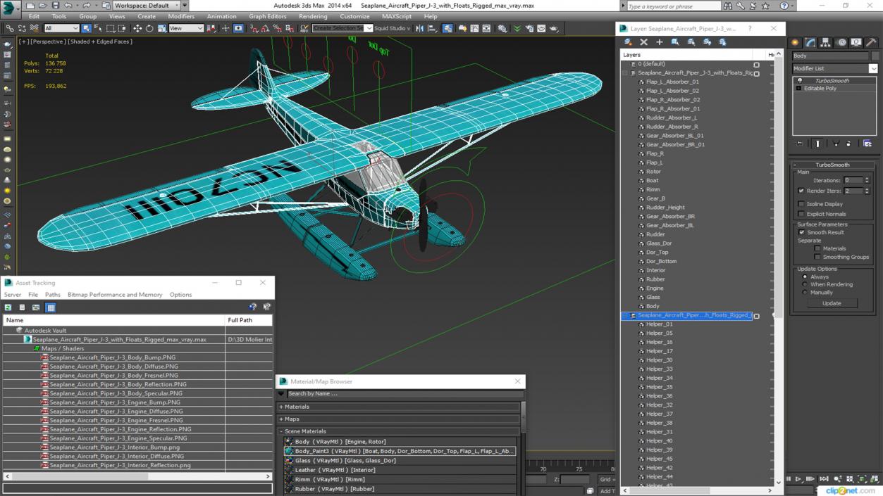 3D Seaplane Aircraft Piper J-3 with Floats Rigged