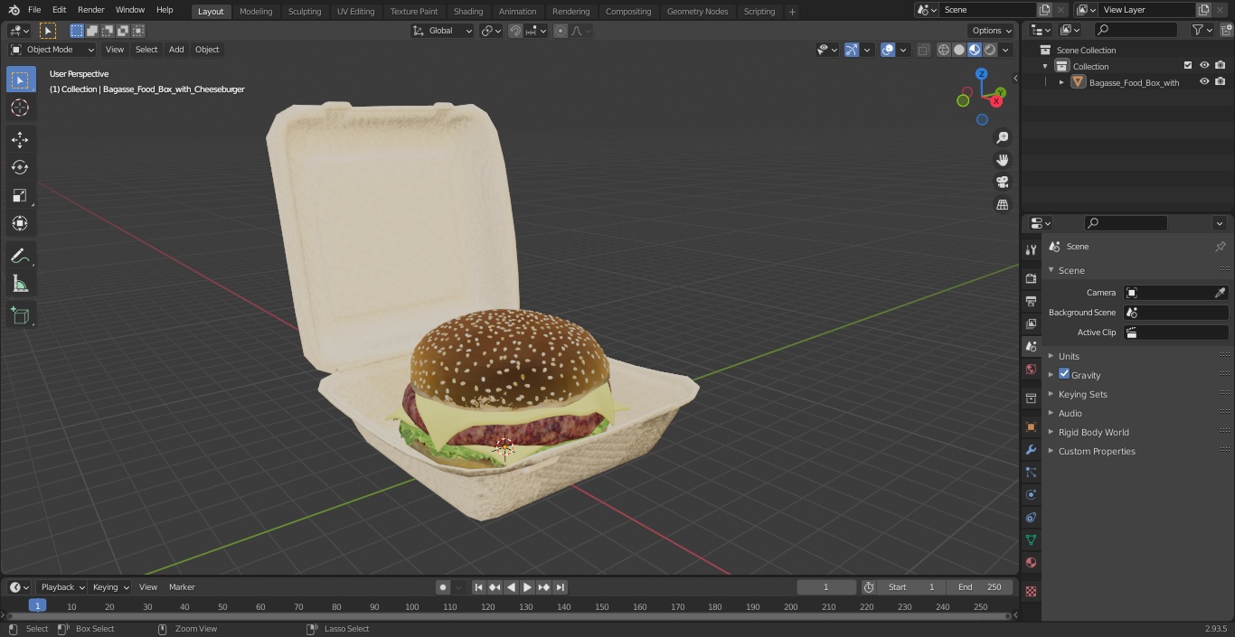 Bagasse Food Box with Cheeseburger 3D model