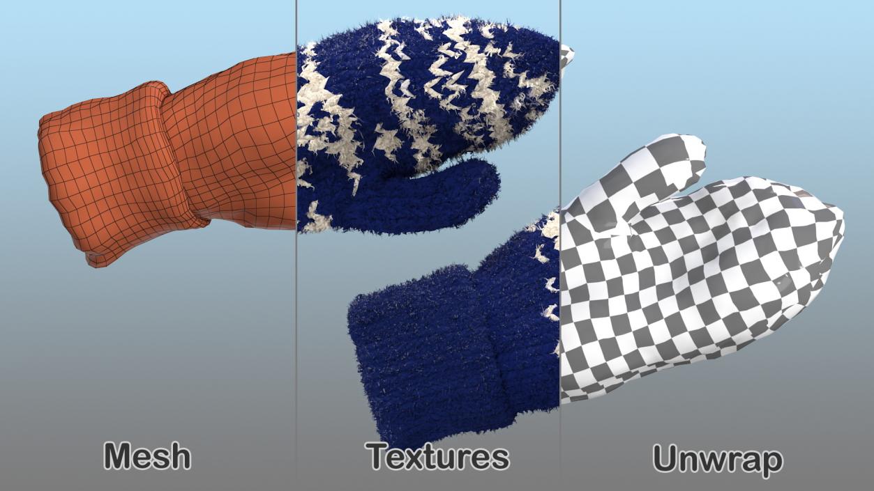 Pair of Blue Wool Mittens Fur 3D model