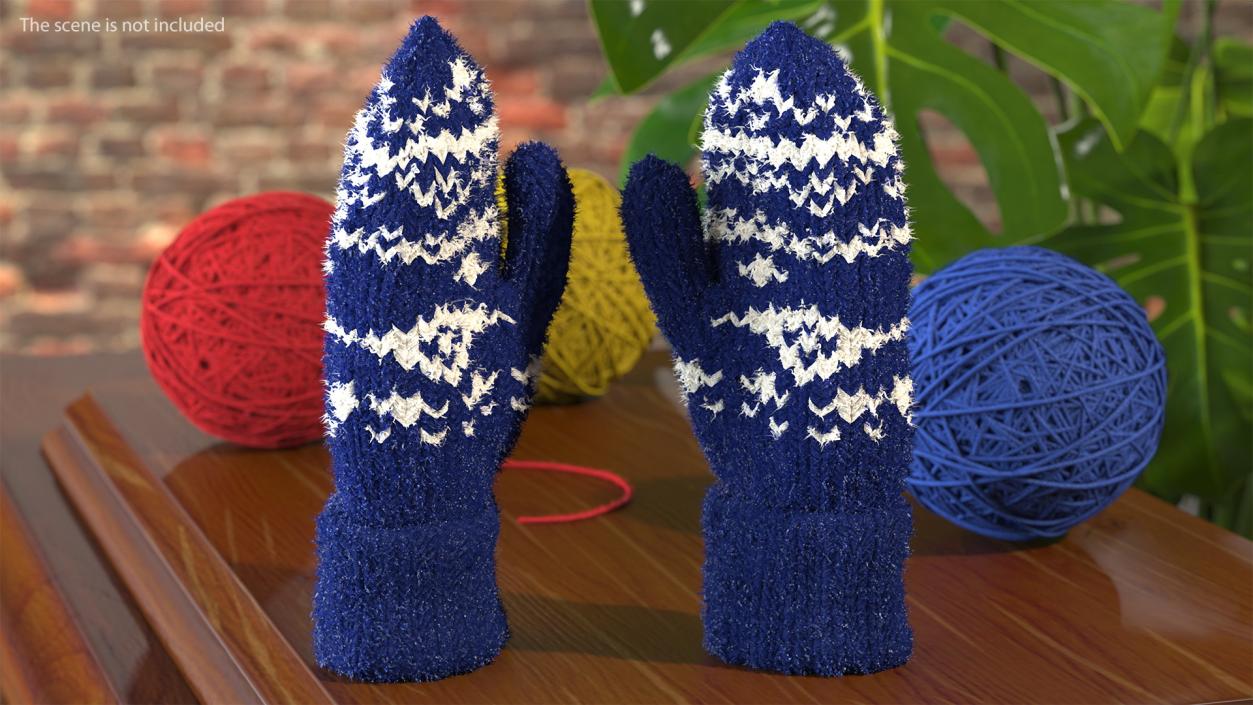 Pair of Blue Wool Mittens Fur 3D model