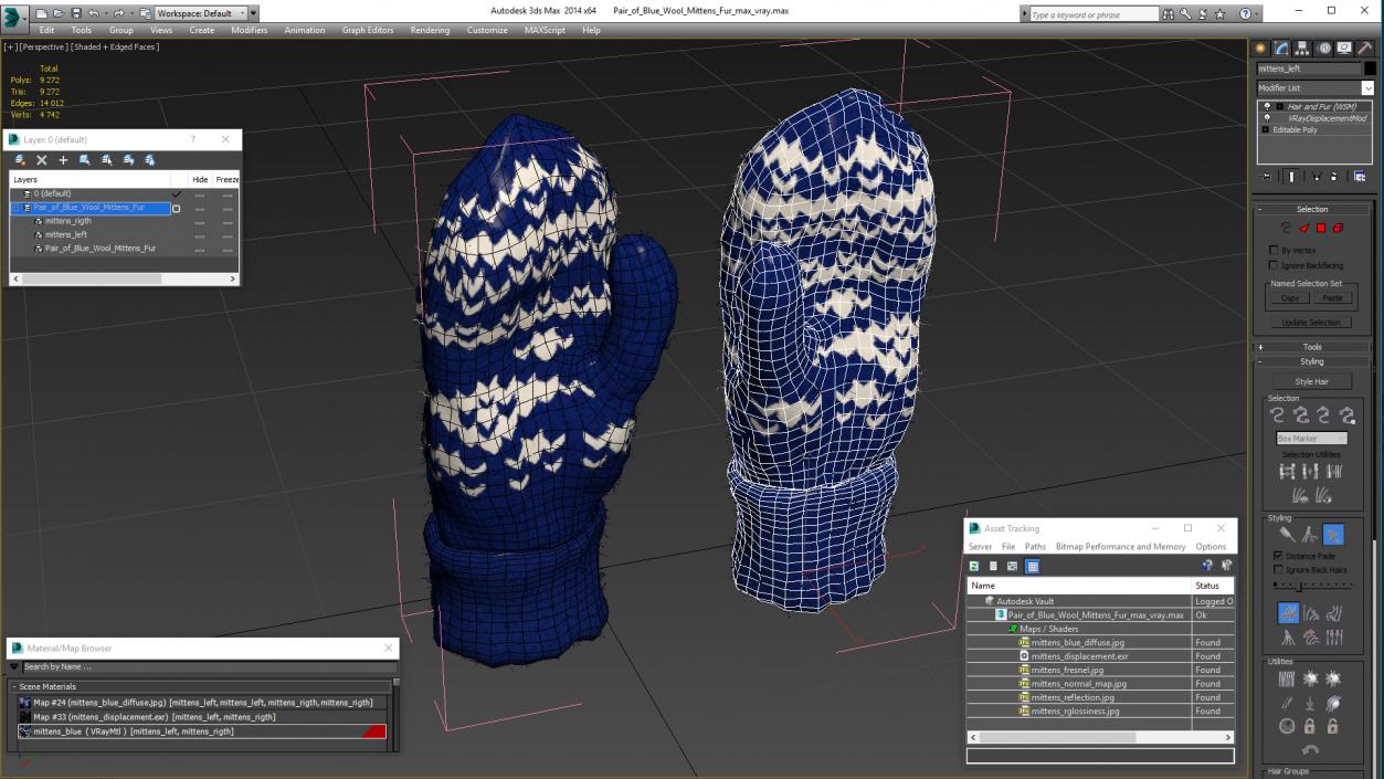 Pair of Blue Wool Mittens Fur 3D model