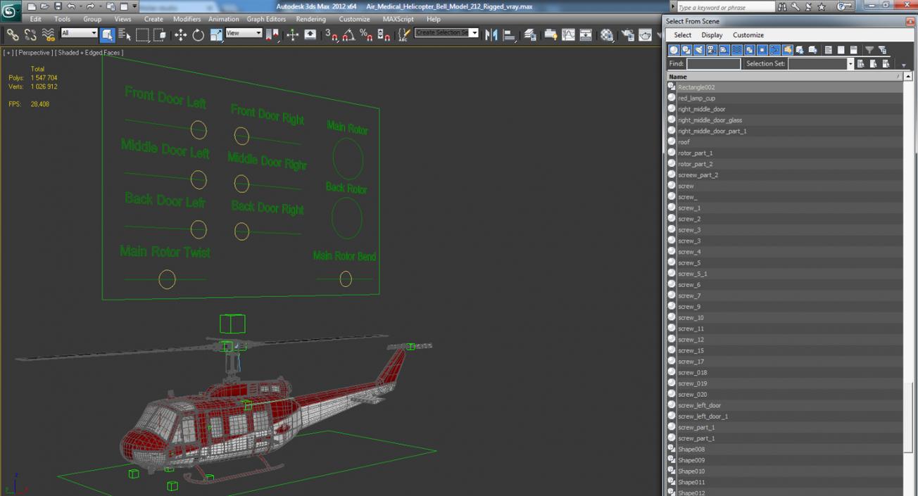 Air Medical Helicopter Bell Model 212 Rigged 3D model