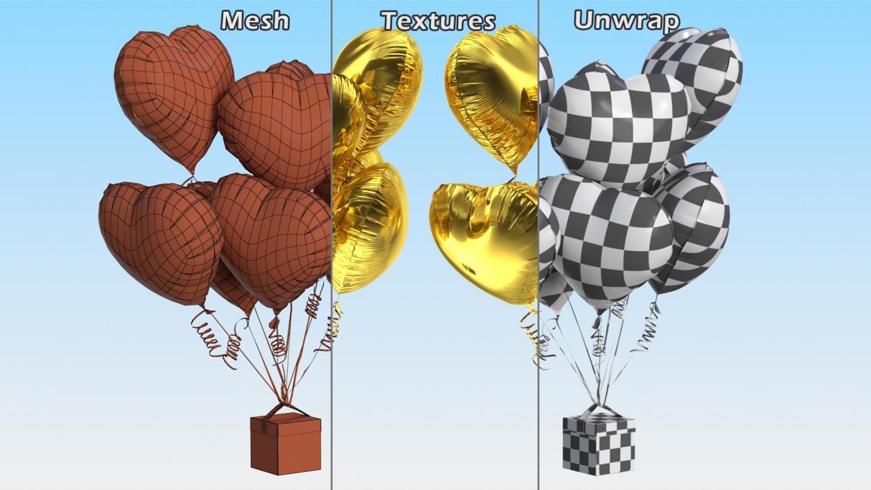 Bouquet of Gold Heart Balloons with Gift Box 3D model