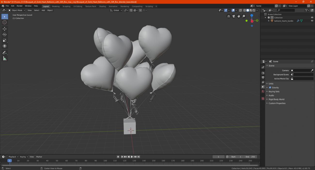 Bouquet of Gold Heart Balloons with Gift Box 3D model