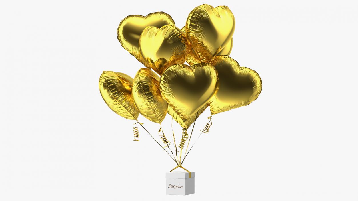 Bouquet of Gold Heart Balloons with Gift Box 3D model