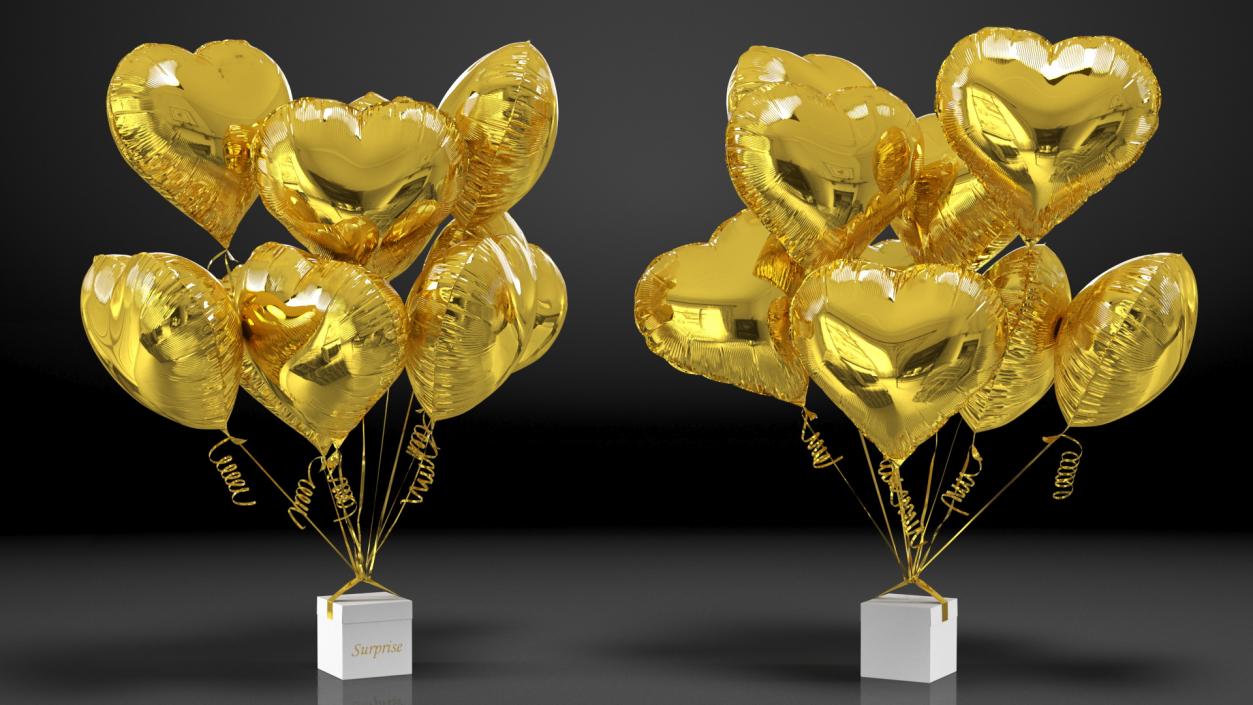 Bouquet of Gold Heart Balloons with Gift Box 3D model